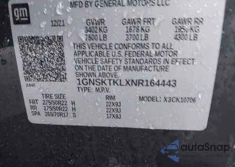 2022 Chevrolet Tahoe 4Wd High Country z USA, uszkodzony, nr VIN 1GNSKTKLXNR164443